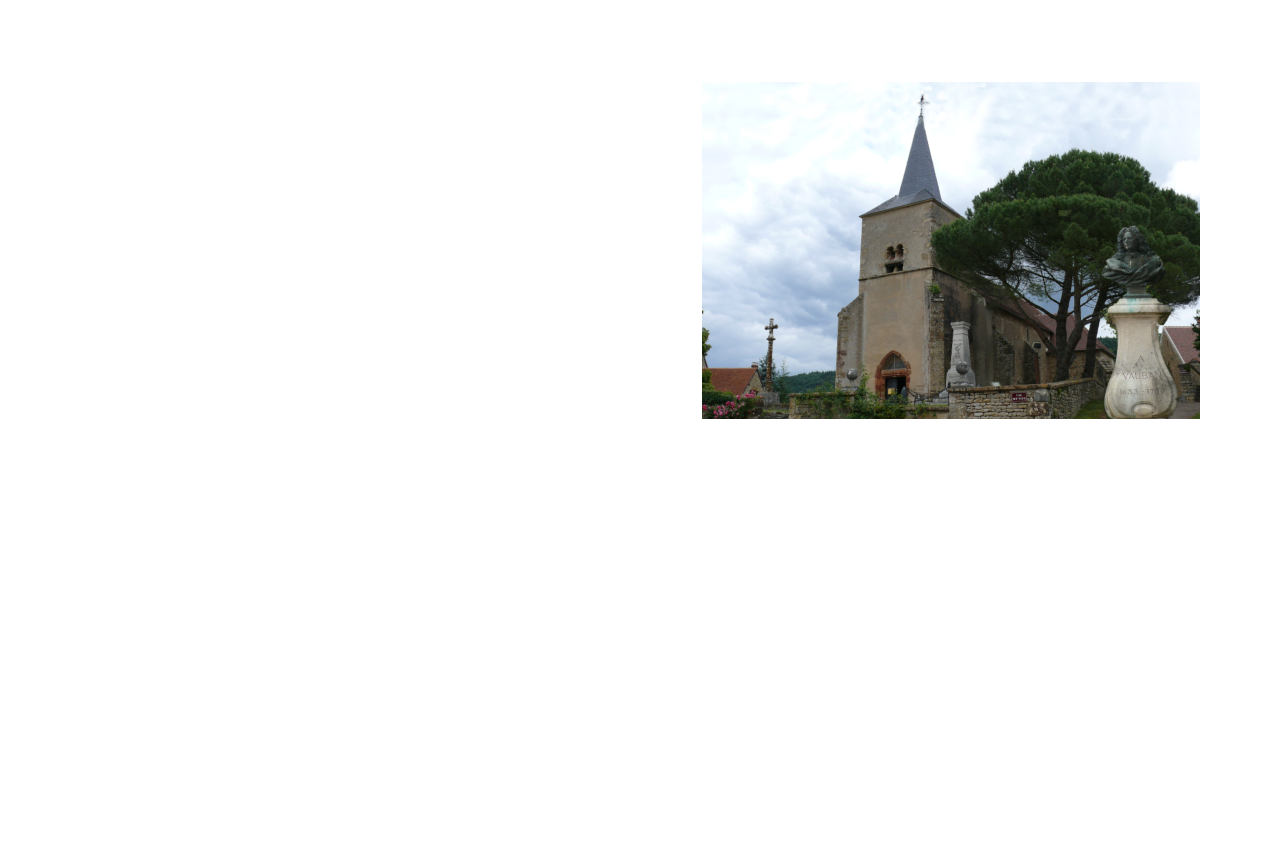 «La première église de Bazoches datait du 12ème siècle mais elle a été brûlée par les Huguenots en 1569. Elle a été reconstruite à la fin du 16ème siècle et au début du 17ème siècle. Elle comprend un porche sur lequel se dresse un clocher percé de fenêtres géminées à arcatures, équipées de petits auvents couverts de tuiles jouant le rôle d'abat-son. La nef est à deux travées de style gothique, flanquée sur la gauche, à hauteur de la première travée, d'une chapelle dédiée à Saint Franchy contenant le baptistère et le confessionnal. Deux autres chapelles se font face à la hauteur de la deuxième travée, celle de gauche étant dédiée à la Sainte Vierge Marie, celle de droite à Saint Sébastien.»  BAZOCHES 58190 NIÈVRE     B. Pujo Extrait de « Si Bazoches m'était conté... » n°82 de la Camosine Amis du Maréchal de Vauban, passionnés d'histoire, vous pouvez soutenir les efforts de sauvegarde d'un patrimoine précieux en faisant un don à : l'Association pour la Sauvegarde et la Restauration de l'église Saint Hilaire de Bazoches (Gardienne de la sépulture du Maréchal de Vauban) 2 place de la Mairie 58190 BAZOCHES Adresse Mail: eglise.sthilaire.bazoches58@gmail.com  Mairie : Le secrétariat de la Mairie est ouvert au public les lundis et jeudis de 14h à 17h Adresse Mail : mairiedebazoches@orange.fr Téléphone : 03 86 22 10 55  Facebook : commune de bazoches 58190 Pour organiser vos réceptions, la Maison communale : une salle d'une capacité de 70 personnes, dans un cadre sécurisé, grâce à son jardin arboré et ombragé (parking et terrain de boules).  APC et Informations touristiques : L'agence postale communale est ouverte du lundi au vendredi de 9h30 à 12h30 et le samedi de 9h30 à 12h Vous y trouverez également les renseignements touristiques nécessaires à votre séjour. Téléphone : 03 86 20 29 32  Paroisse : Prêtre résidant au Presbytère de Corbigny Adresse Mail : paroisse.stfrancois.assise@nievre.catholique.fr Site Internet : https://p-stfa.com Téléphone : 03 86 20 11 94  Site Internet: https://eglisesainthilairedebazoches58190.com
